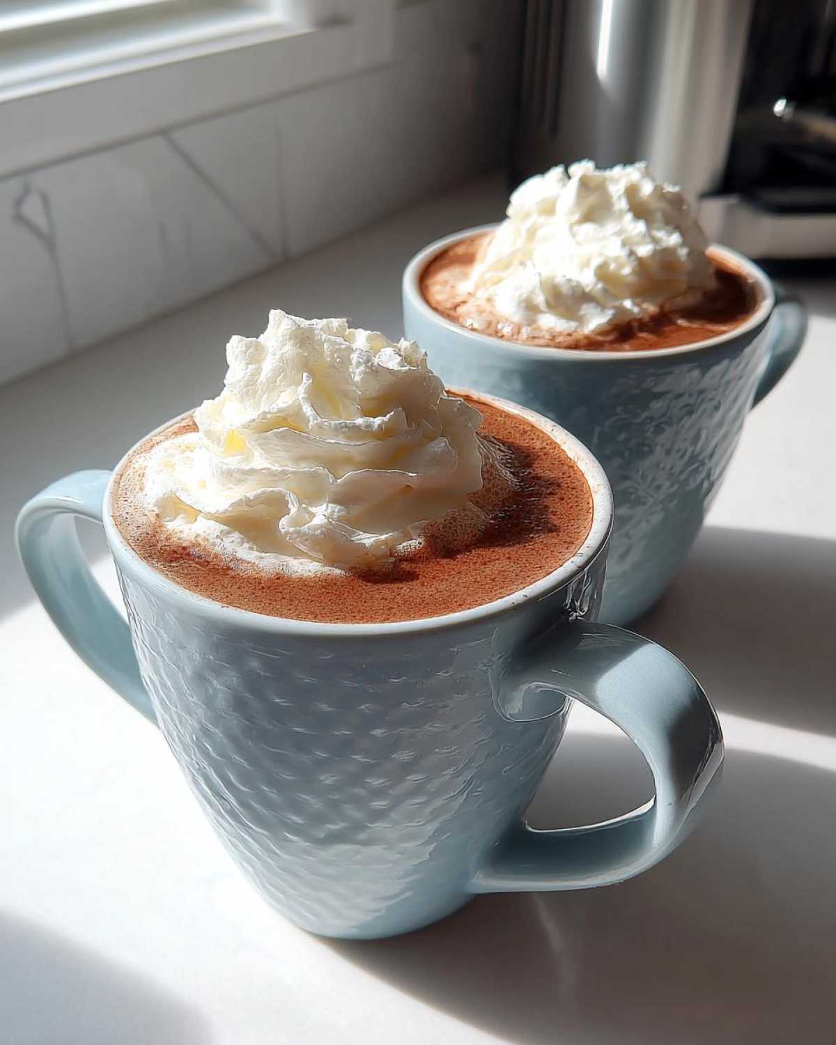 Two light blue mugs filled with rich white hot chocolate, topped generously with whipped cream.