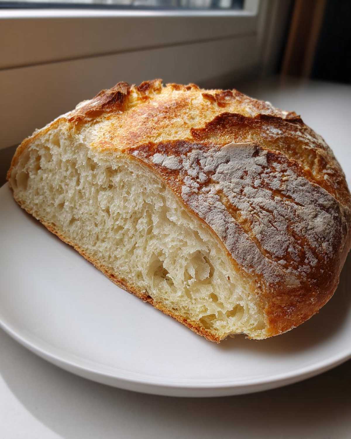 A close-up of a freshly baked no knead bread, showing the airy interior crumb and golden crust.