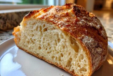 Close-up of a thick slice of homemade no-knead bread showing a beautiful open crumb structure and crust.