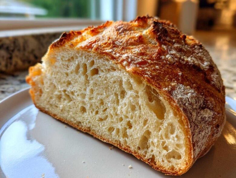 Close-up of a thick slice of homemade no-knead bread showing a beautiful open crumb structure and crust.