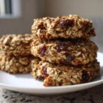 A stack of four hearty oatmeal breakfast cookie rounds studded with dried cranberries on a white plate.