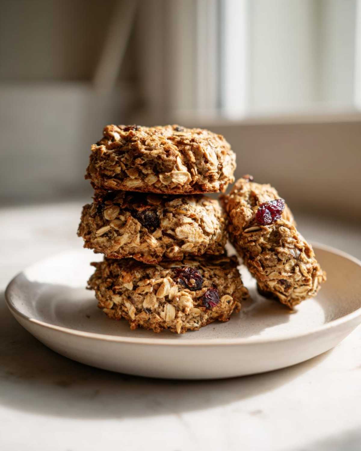 A stack of three hearty oatmeal breakfast cookie treats with visible dried cranberries, resting on a light ceramic plate.