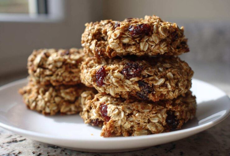 A stack of four hearty oatmeal breakfast cookie rounds studded with dried cranberries on a white plate.