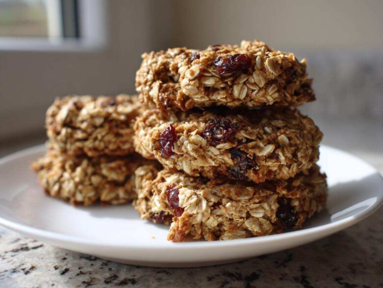A stack of four hearty oatmeal breakfast cookie rounds studded with dried cranberries on a white plate.
