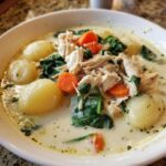 A close-up bowl of creamy olive garden chicken gnocchi soup with shredded chicken, spinach, carrots, and potato gnocchi.