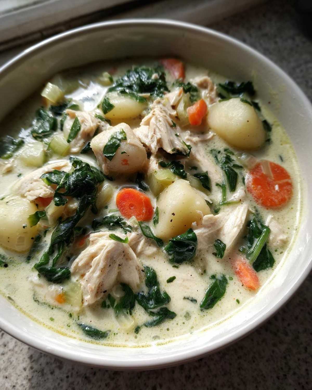 Close-up of a bowl of creamy olive garden chicken gnocchi soup with shredded chicken, gnocchi, spinach, and carrots.