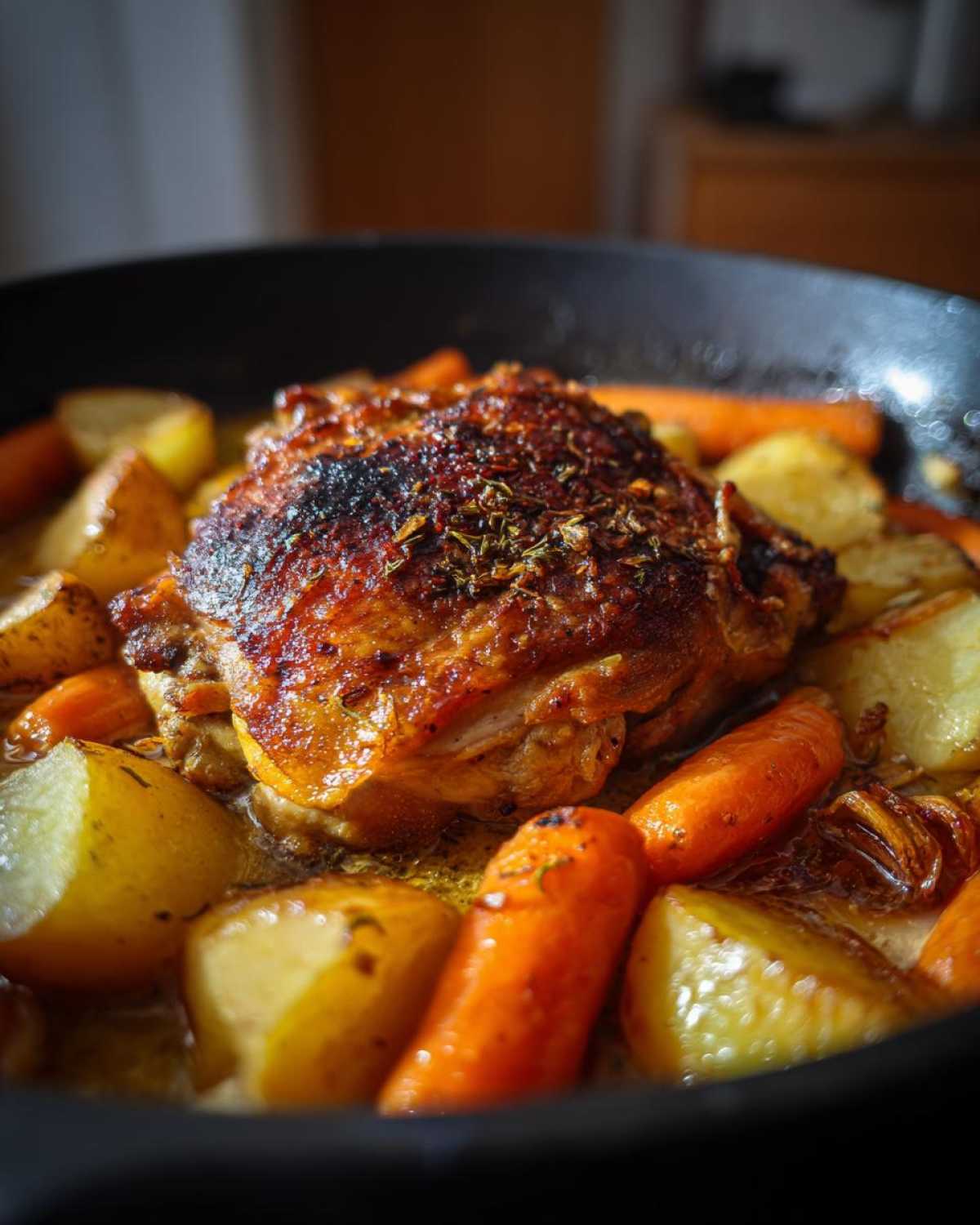 Close-up of a perfectly seared and seasoned braised chicken thighs surrounded by roasted potatoes and carrots in a dark pan.