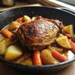 Close-up of one perfectly seared braised chicken thighs nestled with potatoes and carrots in a rich sauce in a cast iron skillet.