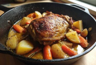 Close-up of one perfectly seared braised chicken thighs nestled with potatoes and carrots in a rich sauce in a cast iron skillet.