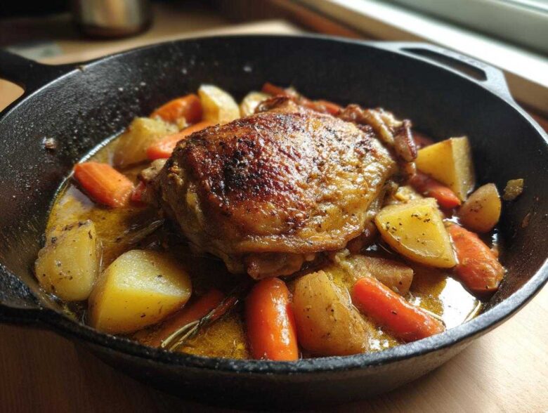 Close-up of one perfectly seared braised chicken thighs nestled with potatoes and carrots in a rich sauce in a cast iron skillet.