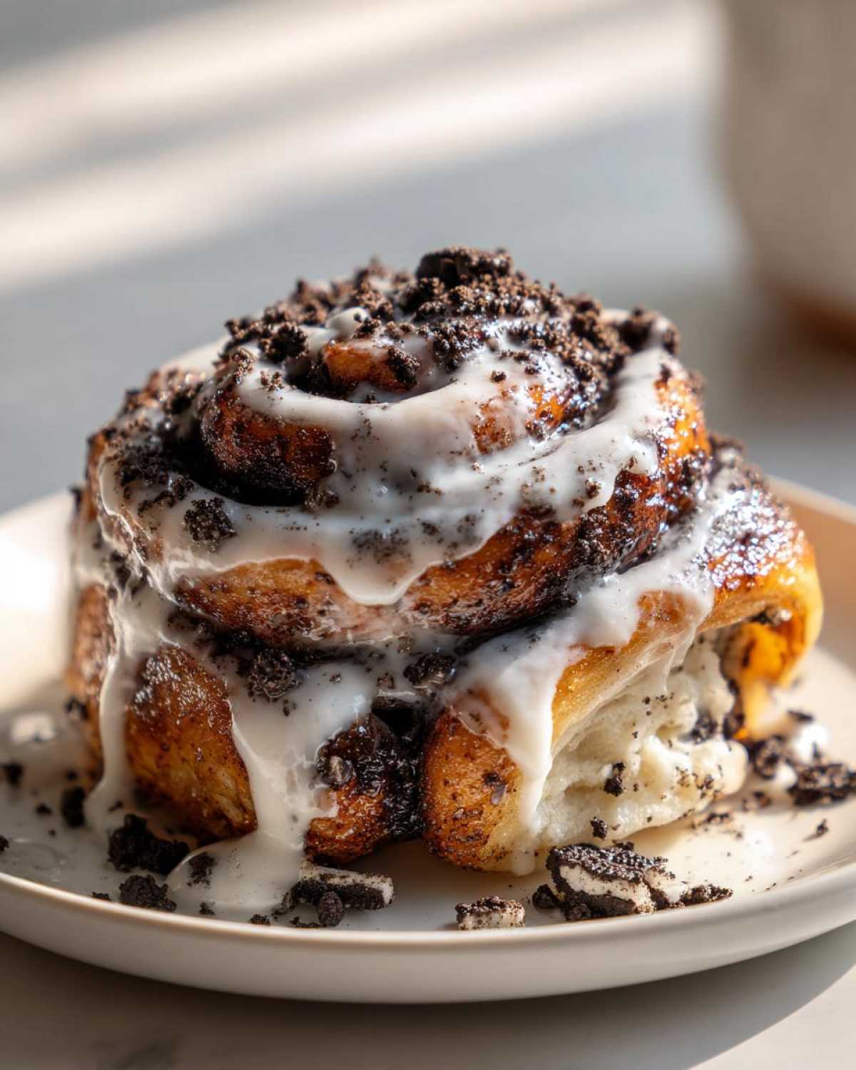 Close-up of a single, gooey Oreo cinnamon rolls topped with white icing and crushed chocolate sandwich cookies.