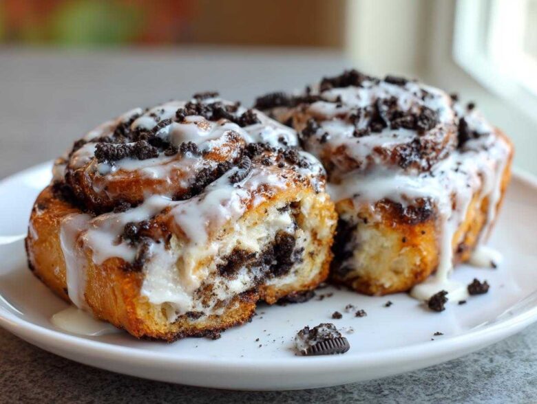 Two decadent Oreo cinnamon rolls covered in white icing and crushed Oreo pieces, one cut open to show the filling.