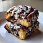 Two stacked, gooey oreo cinnamon rolls drizzled heavily with white icing on a white plate.