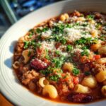 Close-up of a rich bowl of pasta e fagioli, featuring small pasta, beans, and meat in tomato sauce, topped with grated cheese and parsley.