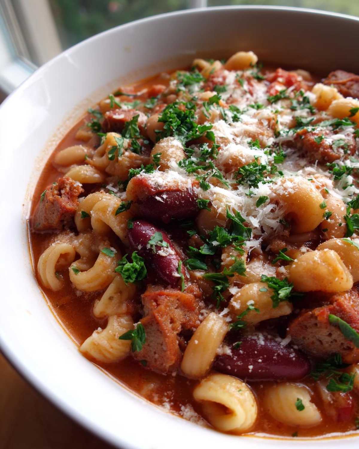Close-up of a steaming bowl of pasta e fagioli featuring small pasta, kidney beans, sausage chunks, and grated Parmesan.