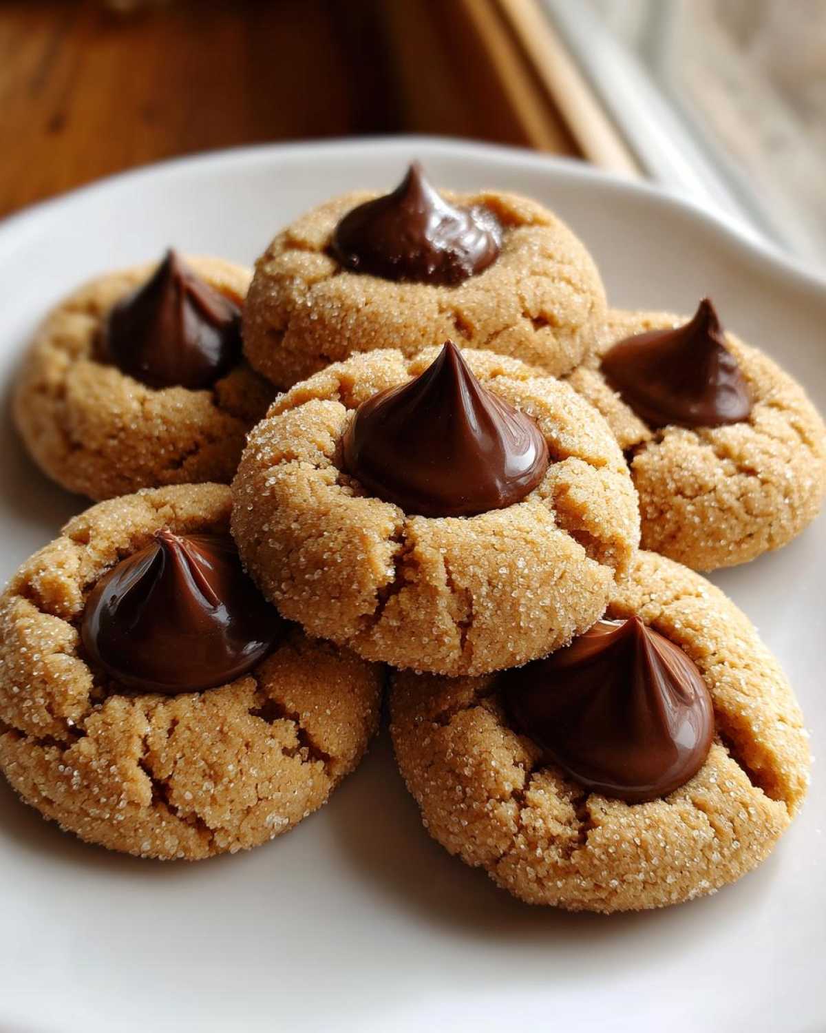 A stack of five freshly baked peanut butter blossom cookies, rolled in sugar and topped with a chocolate kiss, on a white plate.