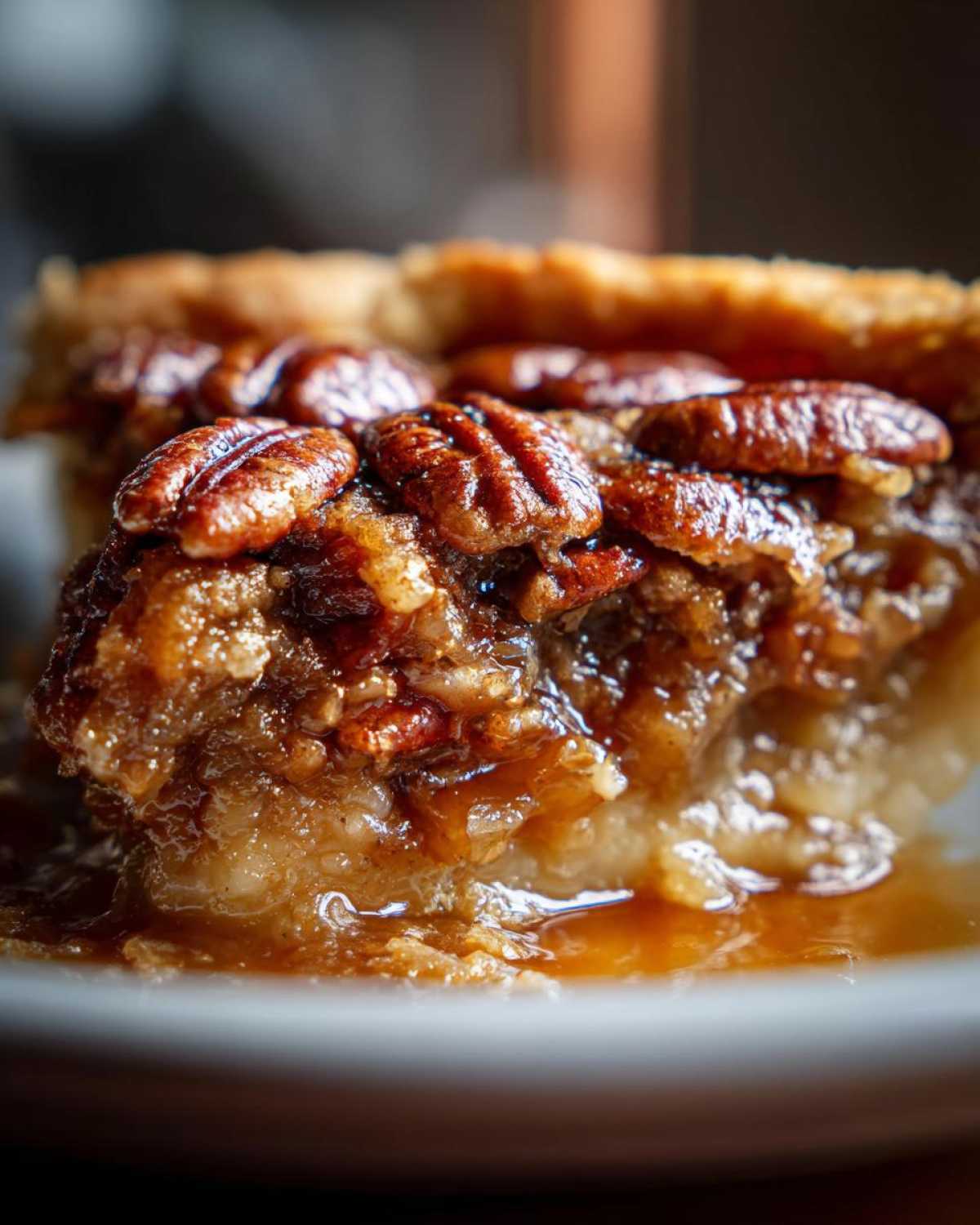 A close-up, gooey slice of pecan pie cobbler recipe showing caramelized pecans and rich filling.