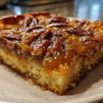 Close-up of a moist slice of pecan pie cobbler recipe with a sticky, caramelized pecan topping.