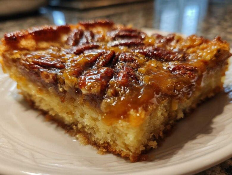 Close-up of a moist slice of pecan pie cobbler recipe with a sticky, caramelized pecan topping.