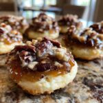 A close-up of one of the amazing pecan pie cookies, topped with gooey caramel and chopped pecans.