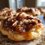 A close-up, low-angle shot of one of the freshly baked pecan pie cookies topped with gooey caramel and pecans.
