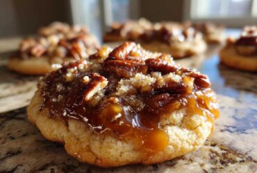 A close-up, low-angle shot of one of the freshly baked pecan pie cookies topped with gooey caramel and pecans.
