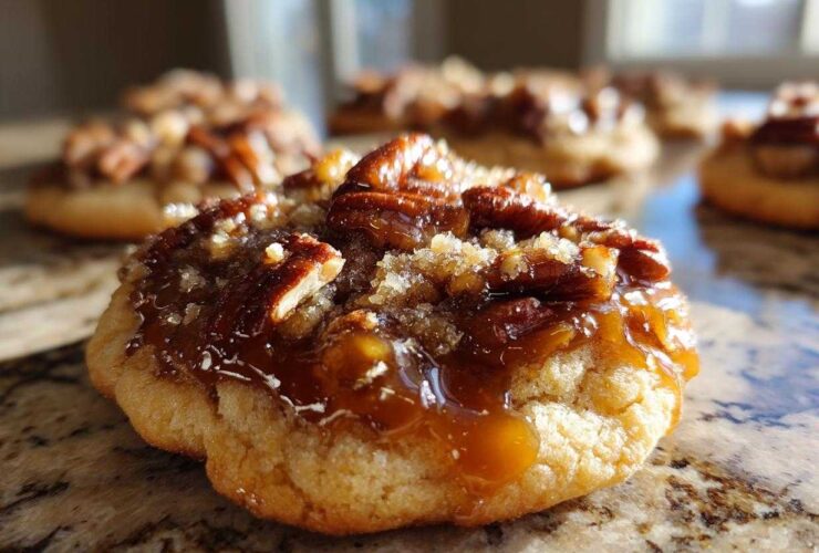 A close-up, low-angle shot of one of the freshly baked pecan pie cookies topped with gooey caramel and pecans.