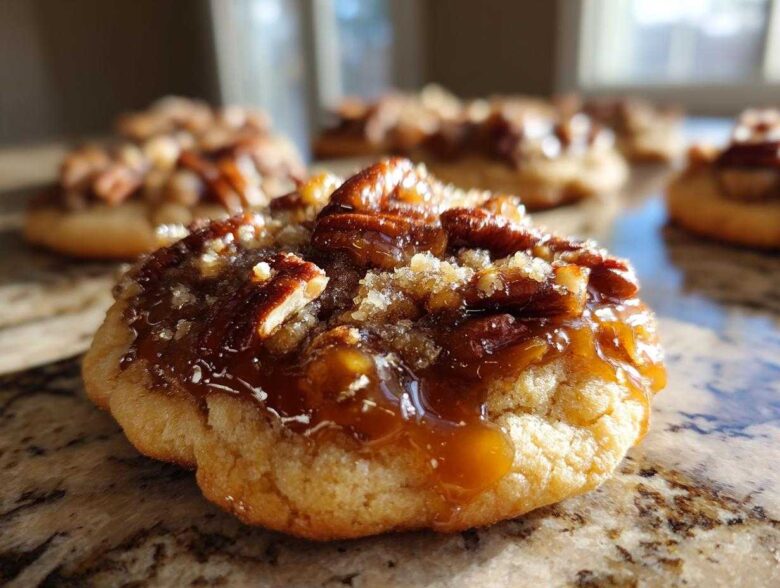 A close-up, low-angle shot of one of the freshly baked pecan pie cookies topped with gooey caramel and pecans.