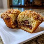 A pecan pie muffin cut in half showing the moist interior, pecan filling, and crumbly streusel topping.