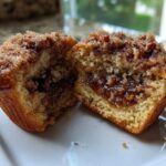 Close-up of a pecan pie muffin cut in half, showing the gooey pecan filling and crumb topping.