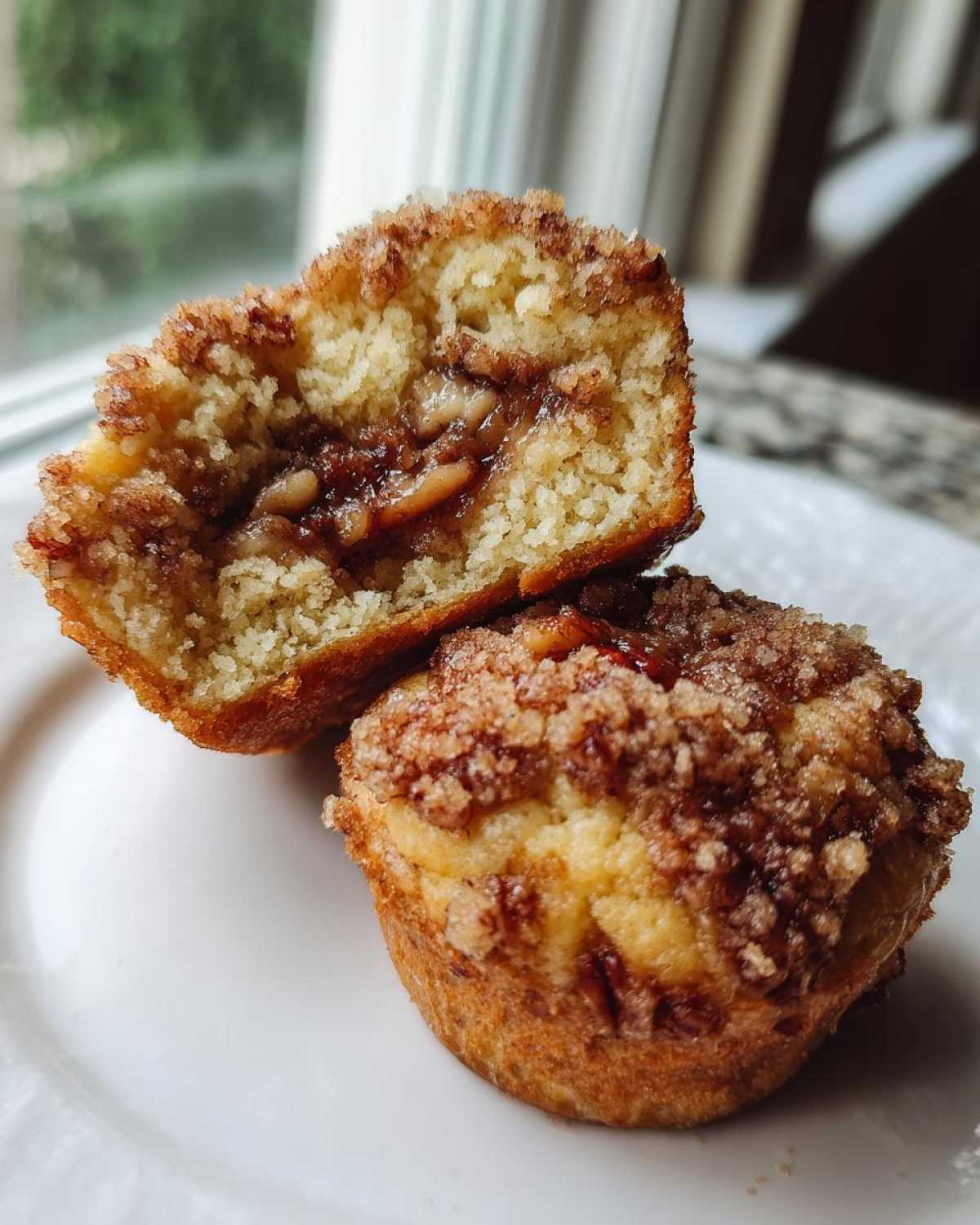 A pecan pie muffin cut in half showing the gooey pecan filling inside, topped with a sugary streusel.