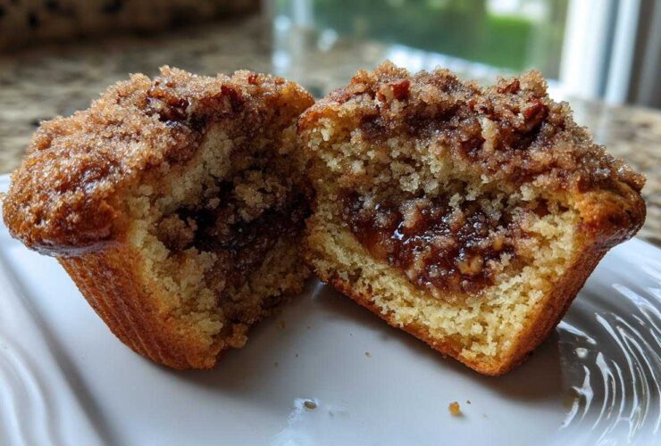 Close-up of a pecan pie muffin cut in half, showing the gooey pecan filling and crumb topping.