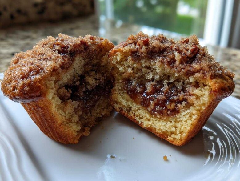 Close-up of a pecan pie muffin cut in half, showing the gooey pecan filling and crumb topping.