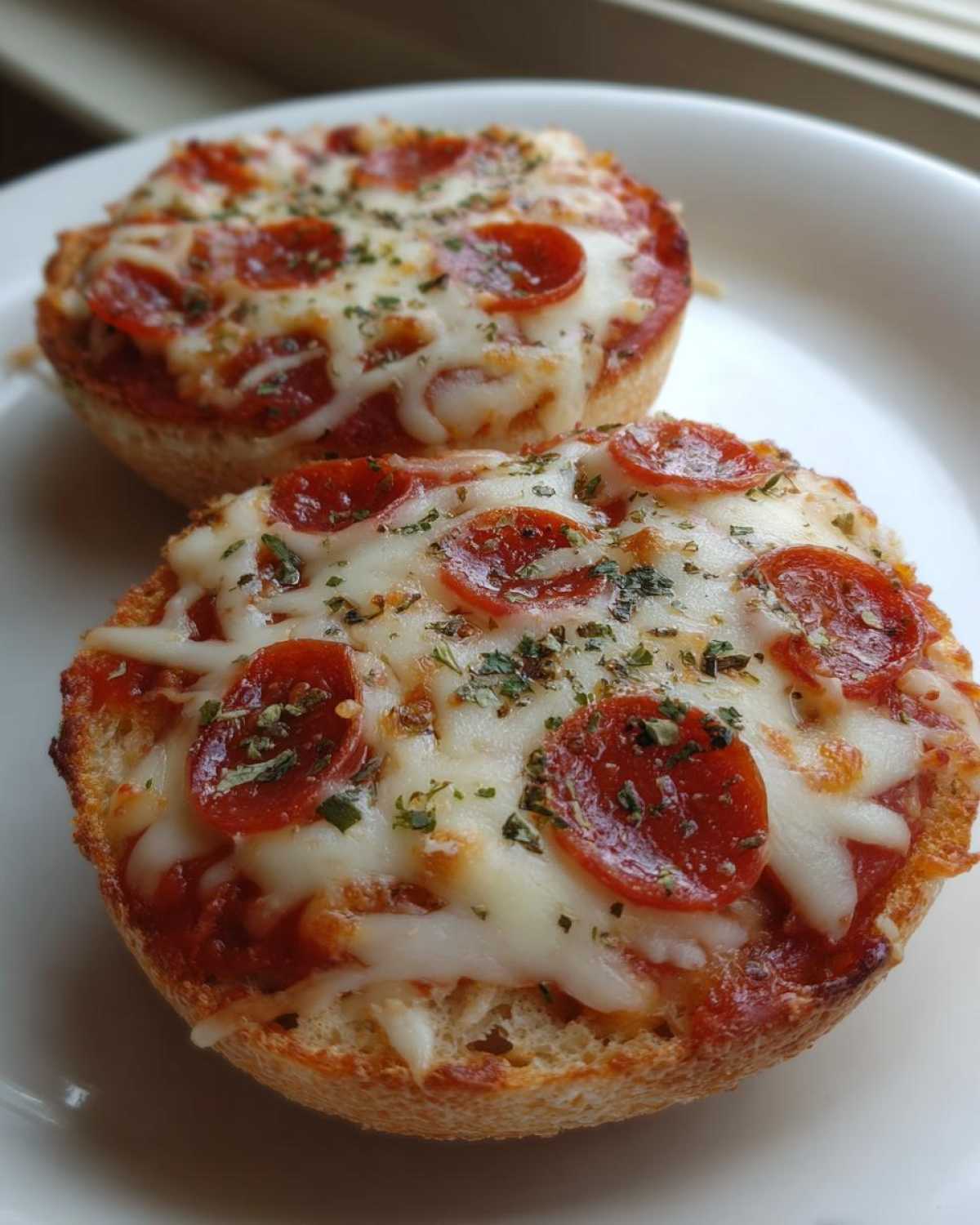 Close-up of two freshly baked pepperoni english muffin pizza halves topped with melted mozzarella cheese and herbs.