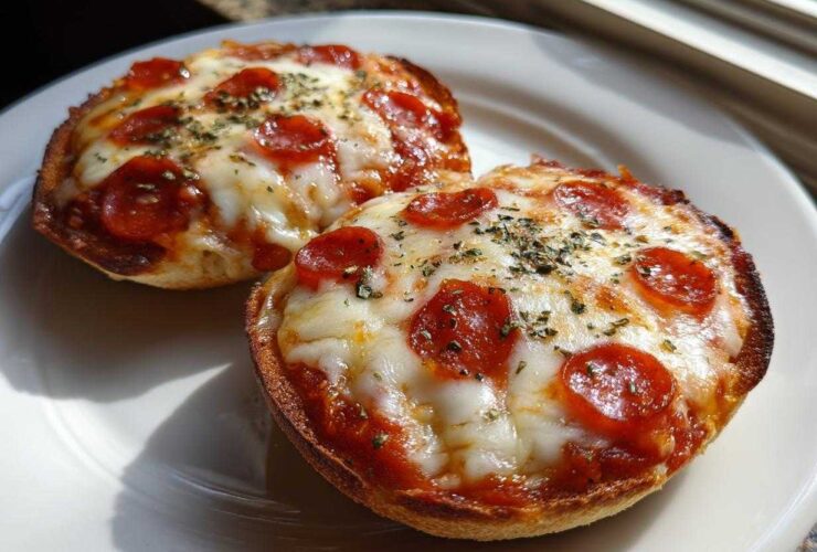 Close-up of two freshly baked pepperoni english muffin pizza halves topped with melted cheese and herbs.