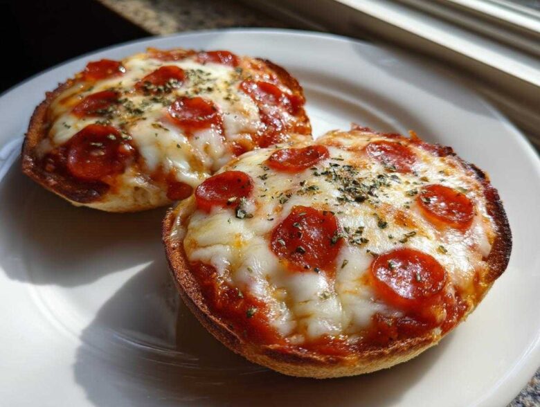 Close-up of two freshly baked pepperoni english muffin pizza halves topped with melted cheese and herbs.