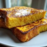 Close-up of two thick slices of golden brown french toast stacked on a white plate, glistening with syrup.