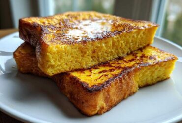Close-up of two thick slices of golden brown french toast stacked on a white plate, glistening with syrup.