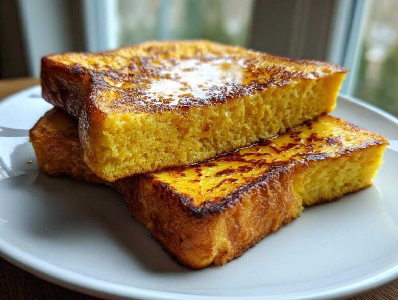 Close-up of two thick slices of golden brown french toast stacked on a white plate, glistening with syrup.
