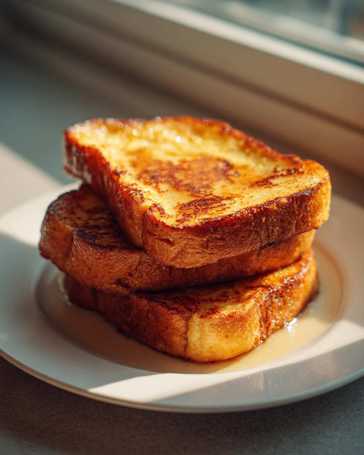 A stack of three golden brown, perfectly cooked french toast slices drizzled with syrup on a white plate.