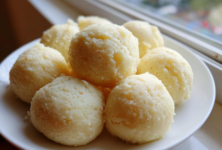 A close-up of several smooth, light yellow balls of fufu served on a white plate near a window.