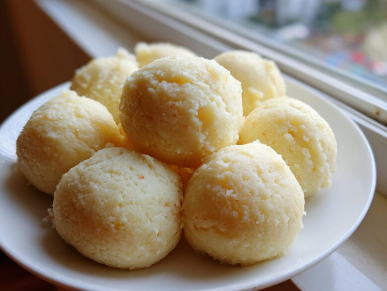 A close-up of several smooth, light yellow balls of fufu served on a white plate near a window.
