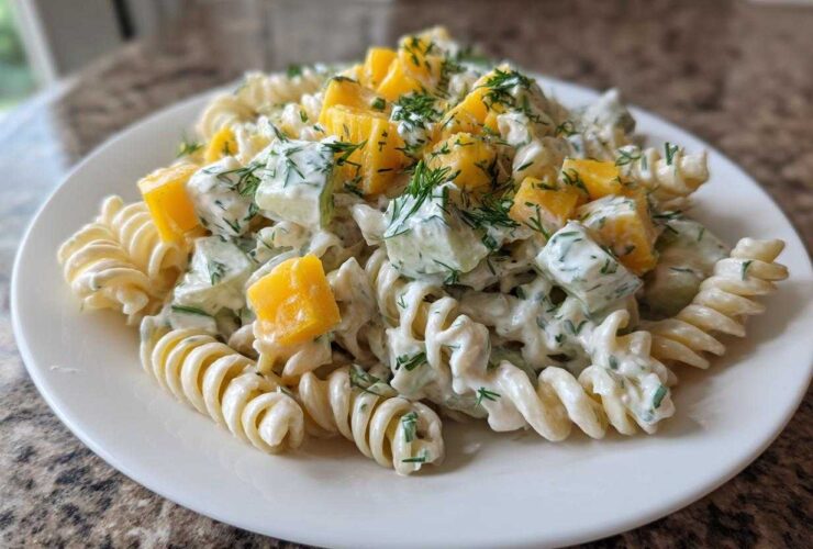 Close-up of a serving of creamy pickle pasta salad featuring fusilli pasta, diced pickles, yellow peppers, and fresh dill.