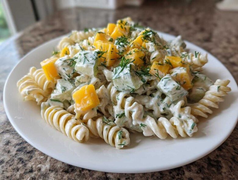 Close-up of a serving of creamy pickle pasta salad featuring fusilli pasta, diced pickles, yellow peppers, and fresh dill.