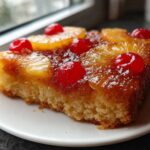 Close-up of a moist slice of pineapple upside down cake topped with caramelized pineapple rings and bright red maraschino cherries.
