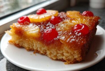 Close-up of a moist slice of pineapple upside down cake topped with caramelized pineapple rings and bright red maraschino cherries.