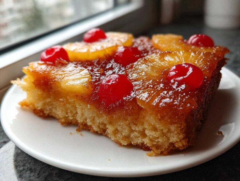 Close-up of a moist slice of pineapple upside down cake topped with caramelized pineapple rings and bright red maraschino cherries.