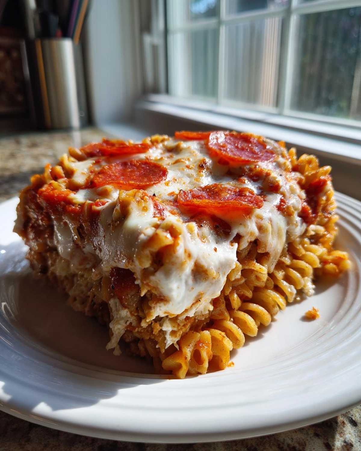 A square serving of cheesy pizza pasta bake with pepperoni slices on top, sitting on a white plate.