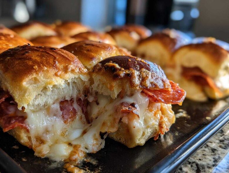 Close-up of a pizza slider pulled apart showing melted, gooey cheese and pepperoni inside the toasted bun.