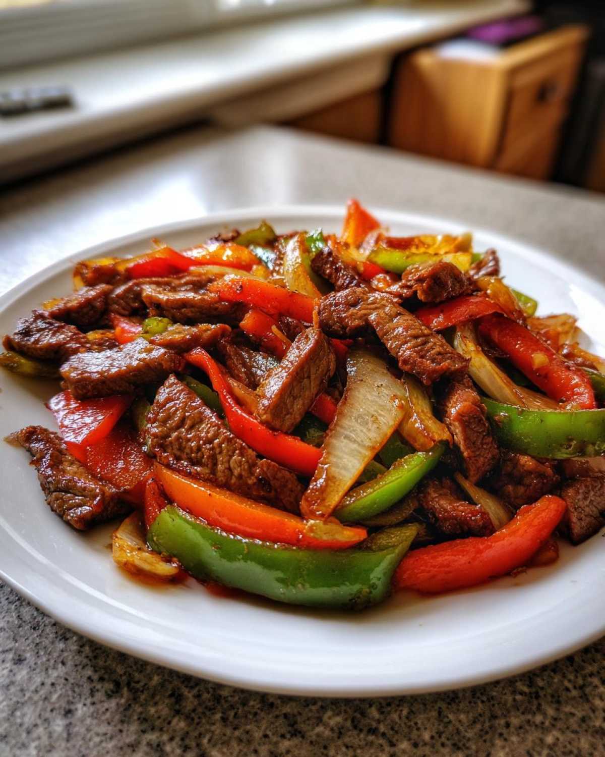 Close-up of sizzling steak fajitas mix with sliced red and green peppers and onions served on a white plate.